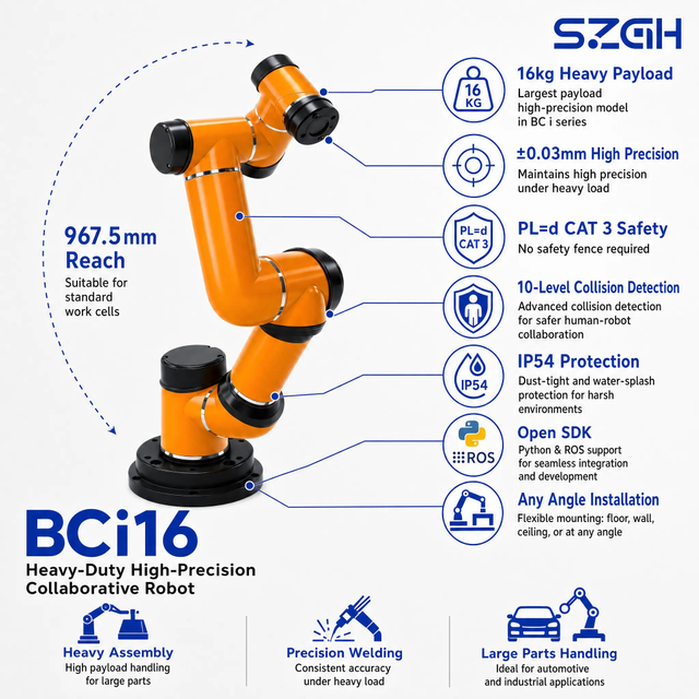 SZGH-BCi16 | 16 kg Collaborative Robot — ±0.03 mm High Precision, Heavy Payload, No Safety Fence