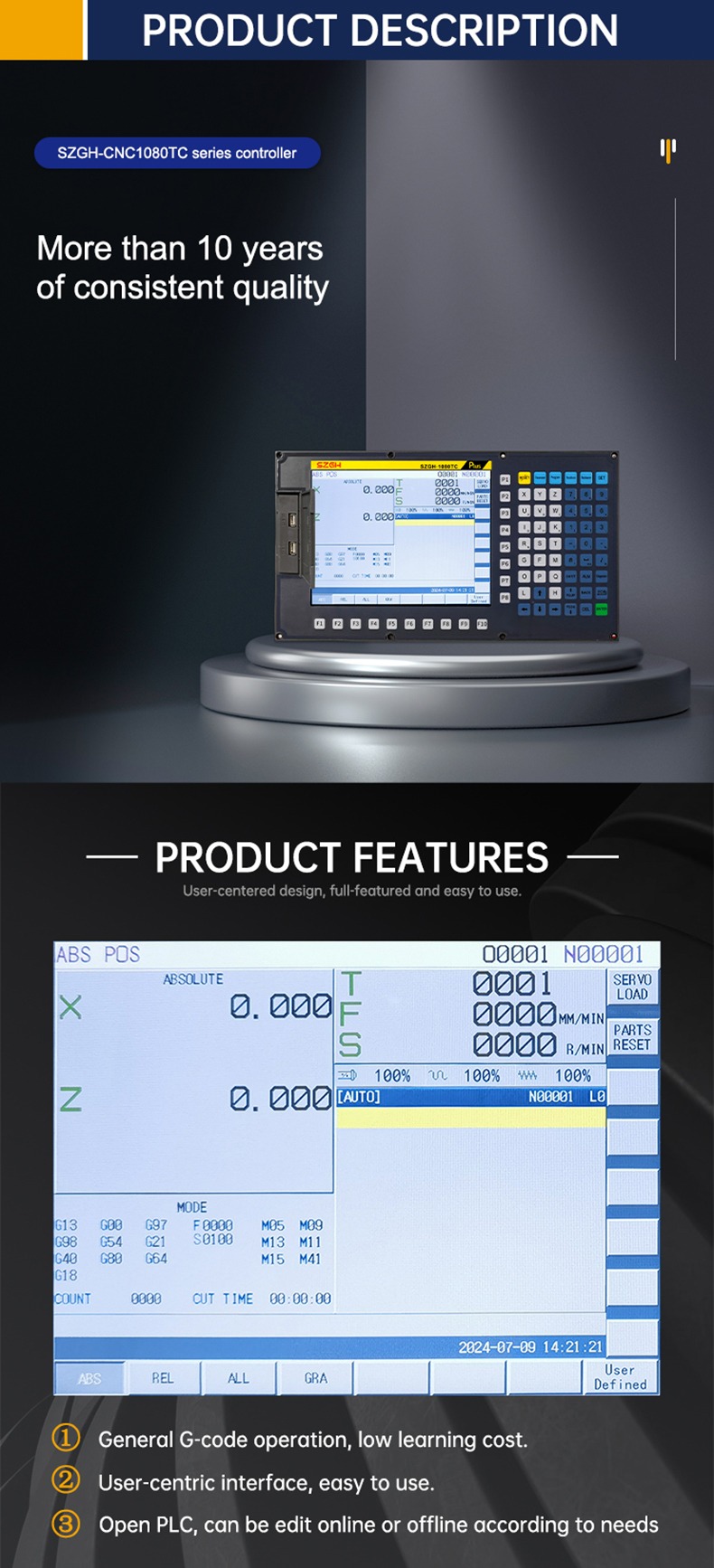 ZGH-CNC1080TC 3-axis CNC lathe controller front panel